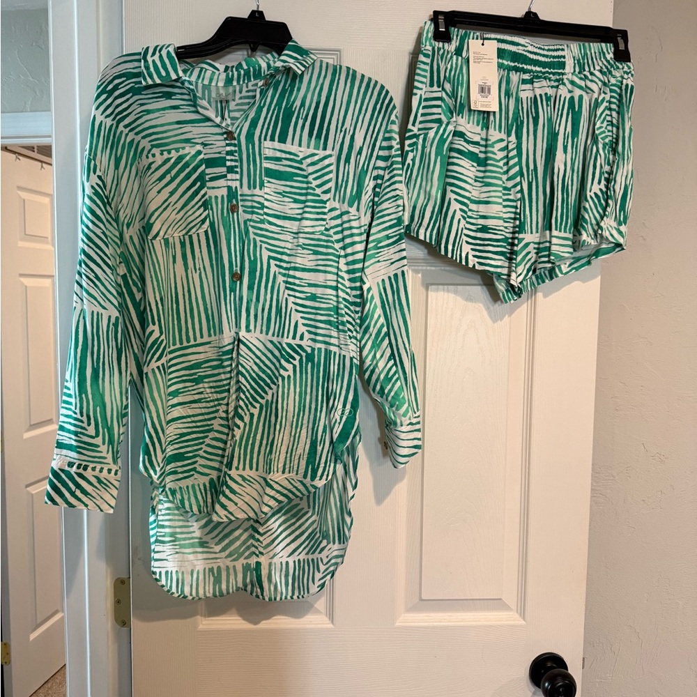 CALIA Green and White Button Down Shirt and shorts set